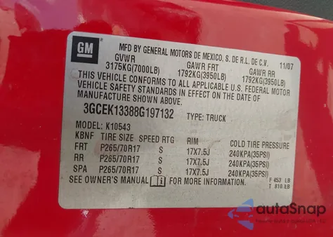 2008 Chevrolet Silverado 1500 Ltz from USA, damaged, VIN 3GCEK13388G197132